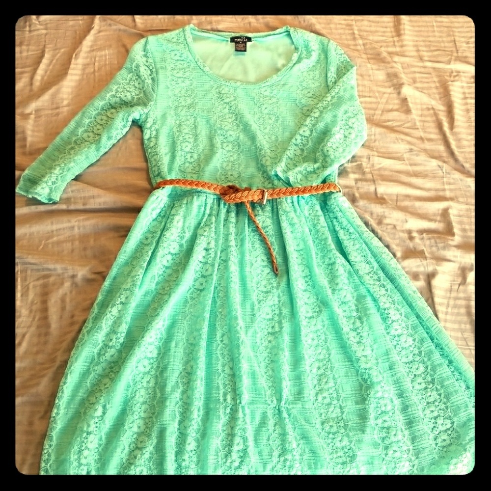 Teal spring dress with belt